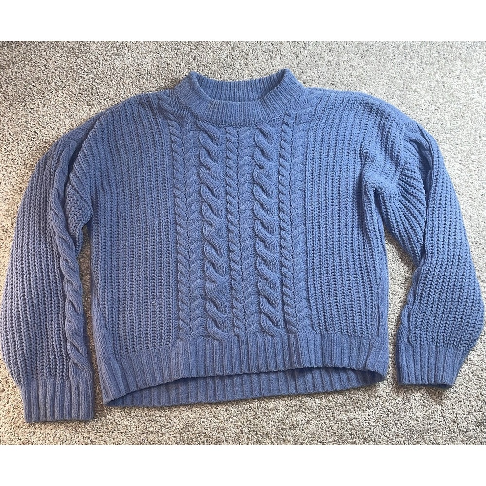 Abercrombie Kids Girls Mock Neck Cropped Chenille Cable Knit Blue Sweater 13/14